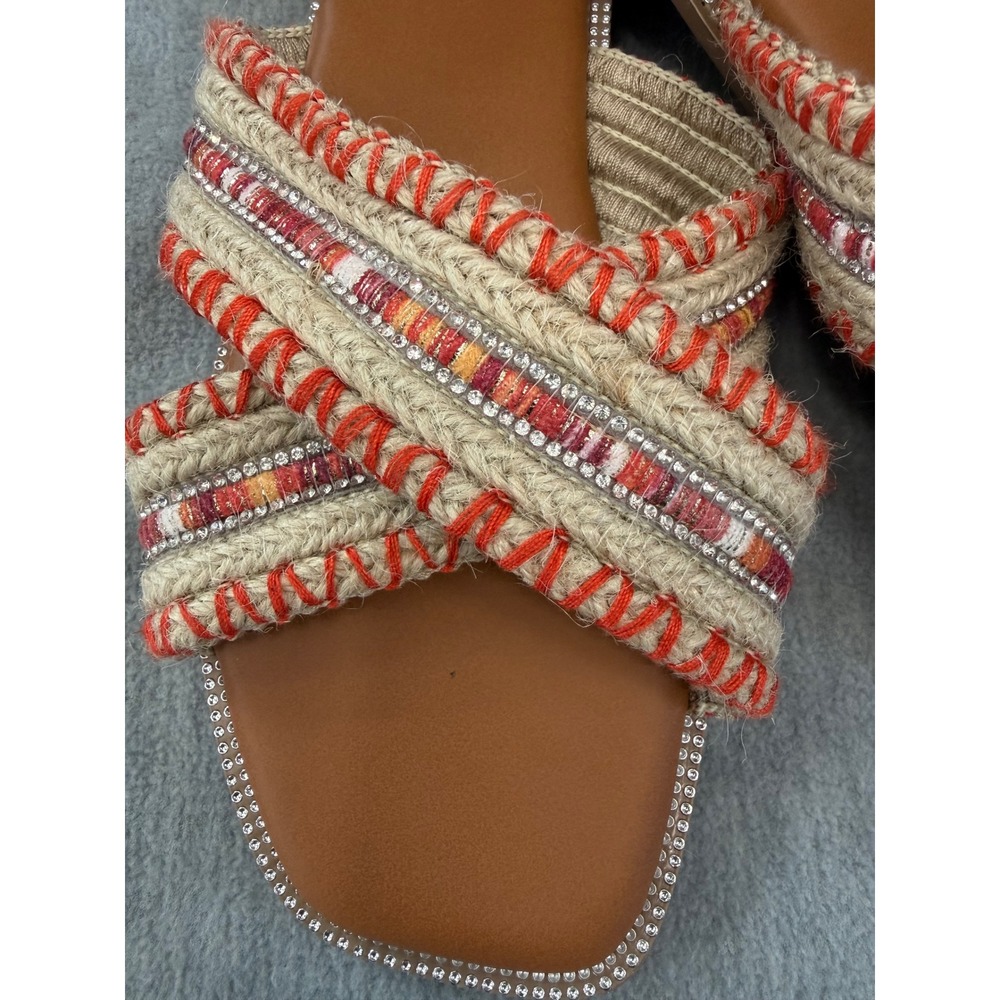 Nicole Miller‎ Kesty Slide Sandal 8.5 Tan Orange Boho Rhinestone Jute Espadrille - Picture 2 of 8